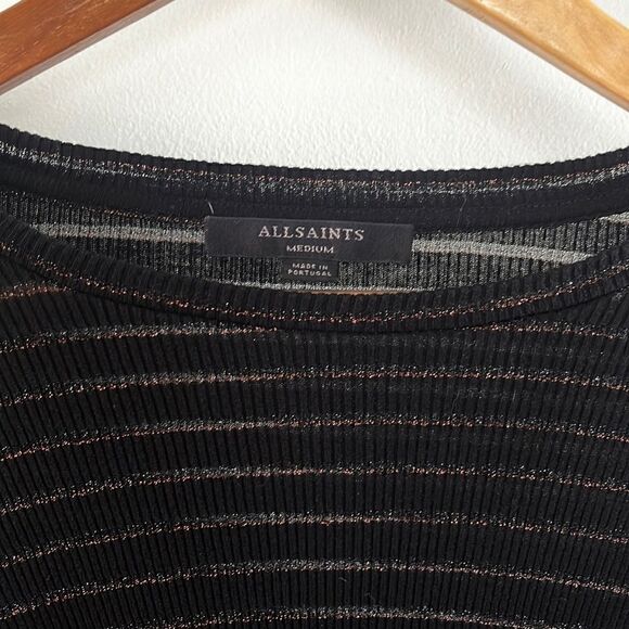 AllSaints Carme Shimmer Stripe Twist Tee Metallic Black Gold Size M - Picture 7 of 10